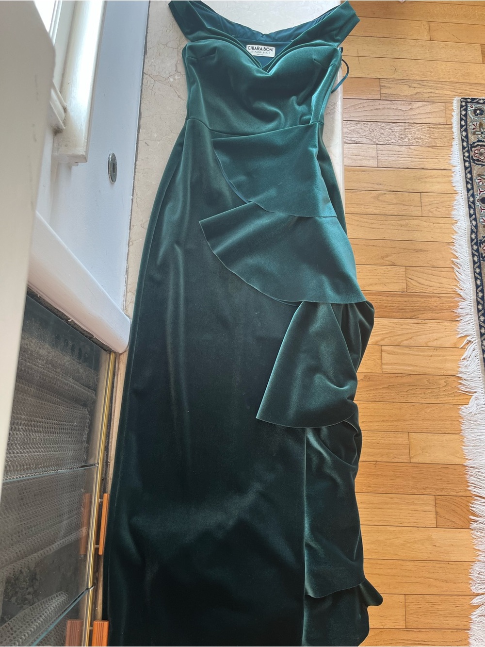 Chiara Boni La Petite Robe Willa Velvet Ruffle Maxi Dress in Rich Green